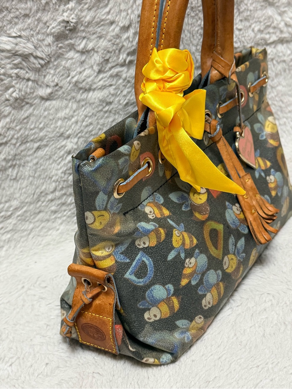 Dooney & Bourke Black Bee Print Satchel with Yellow Bow - Picture 5 of 9